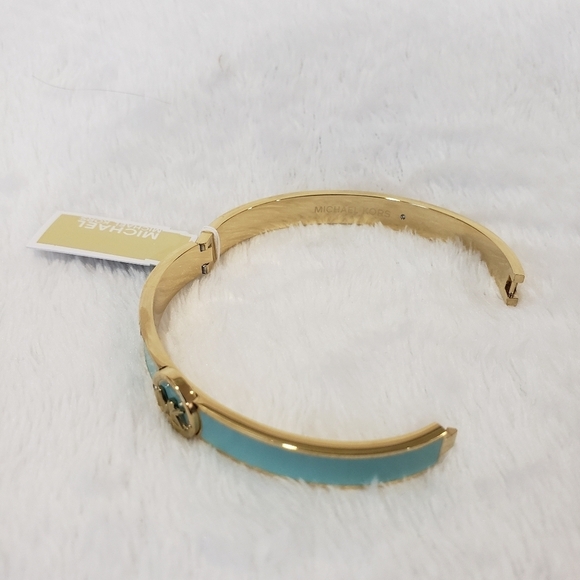 286- MICHAEL Michael Kors Haute Gold Tone AQUA Enamel Bangle Bracelet NWT - Picture 5 of 12